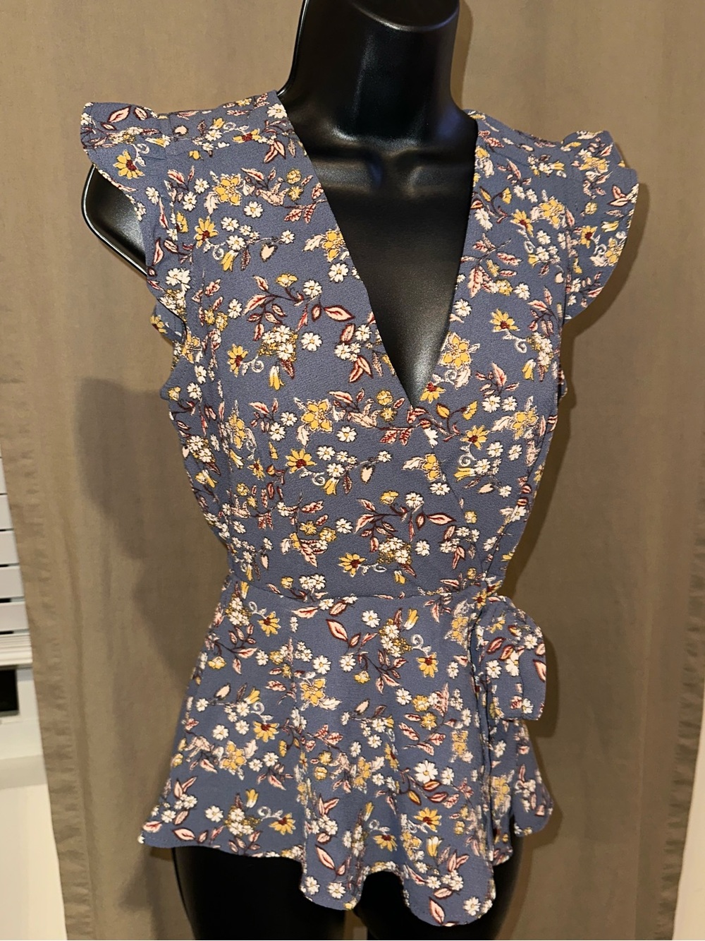 Floral Wrap Peplum blouse in Dusty Blue